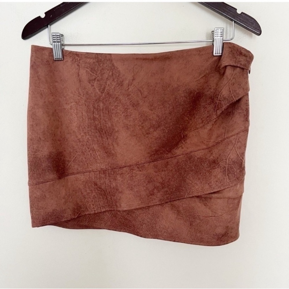 Free People Brown Faux Suede Wrap Mini Skirt Size 8 Ruched Side Zipper